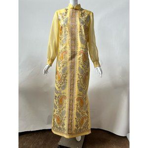 Alfred Shaheen Womens Sheath Dress Yellow Paisley Mandarin Collar Vintage 12